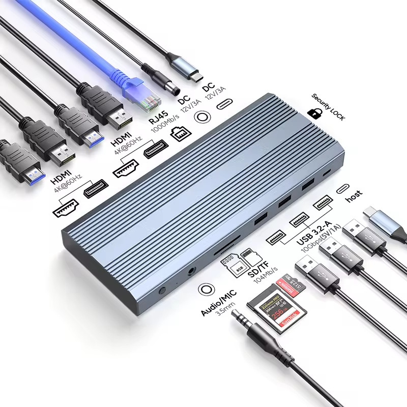 Adaptor USB C 13 dalam 1 4K HDMI Hub Tipe C ke HDMI 4K USB 3.0 2.0 PD Pengubah Pengisian