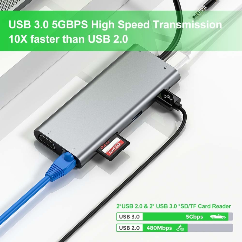 11 Port 11 In 1 USB Type C Hub 10Gbps USB C Docking Station Plug And Play Integrasi perangkat lunak