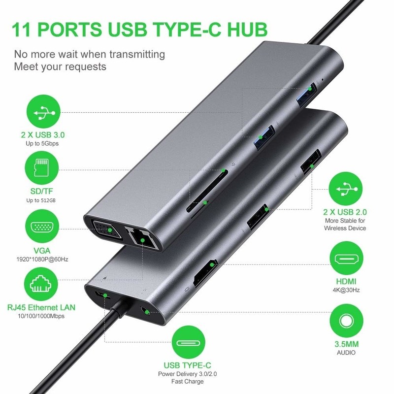 11 Port 11 In 1 USB Type C Hub 10Gbps USB C Docking Station Plug And Play Integrasi perangkat lunak