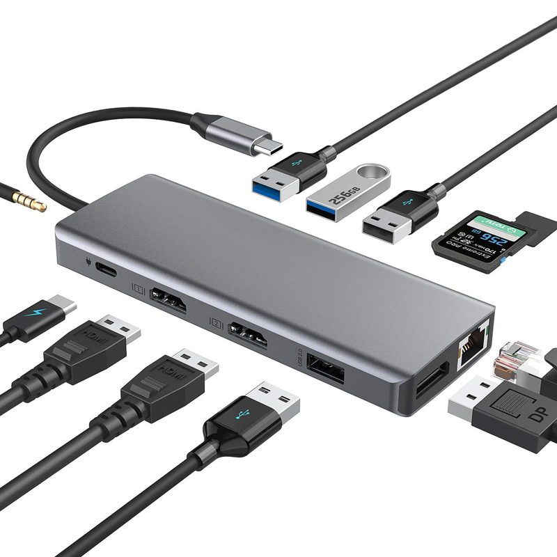 Silver Portable USB C hub multiport adaptor dengan HDMI 3.5mm Audio Jack untuk MacBook Pro