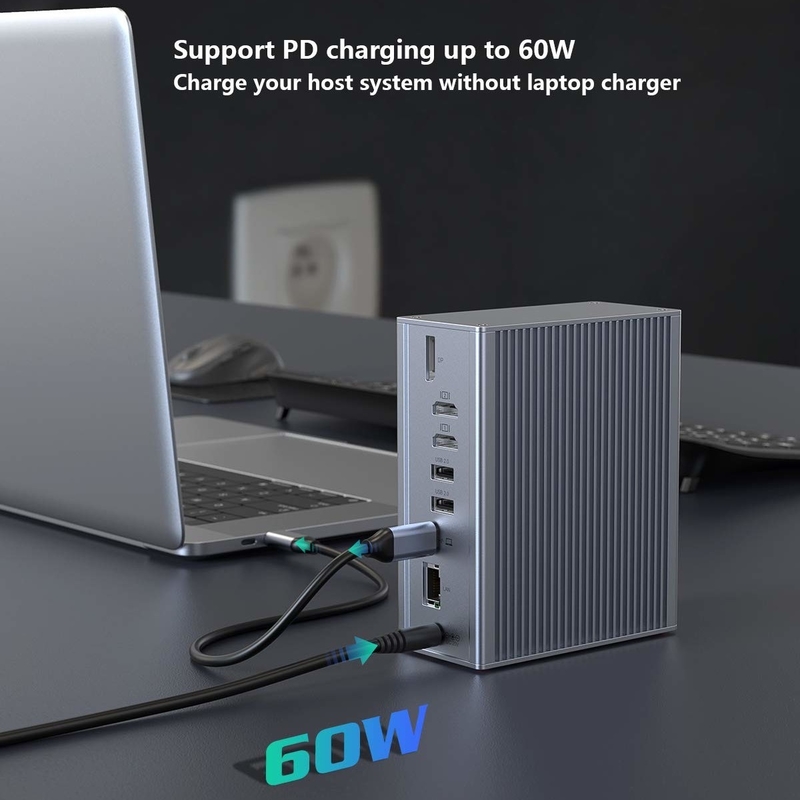 Stasiun docking 16 in 1 untuk laptop adaptor usb c abu-abu 10Gbps Data Transfer Rate Displaylink port