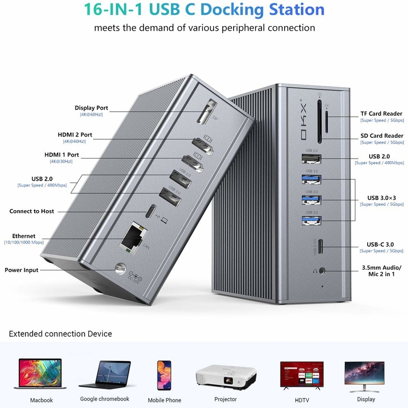 Stasiun docking 16 in 1 untuk laptop adaptor usb c abu-abu 10Gbps Data Transfer Rate Displaylink port