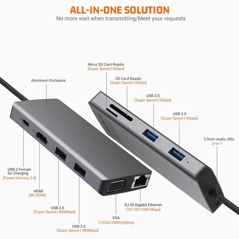 11 in 1 aluminium Perak USB C Hub dengan 3.5mm Audio Jack SD Card Reader untuk laptop Mac
