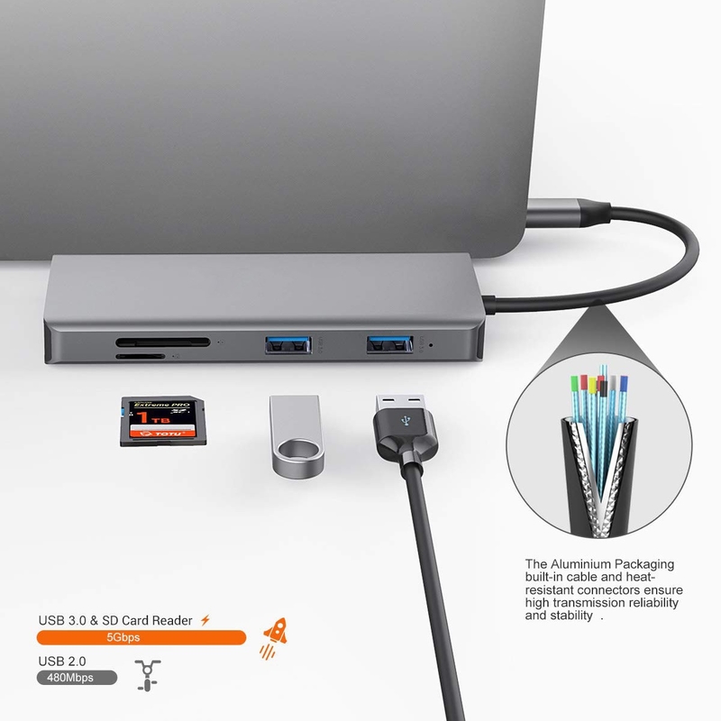 11 in 1 aluminium Perak USB C Hub dengan 3.5mm Audio Jack SD Card Reader untuk laptop Mac