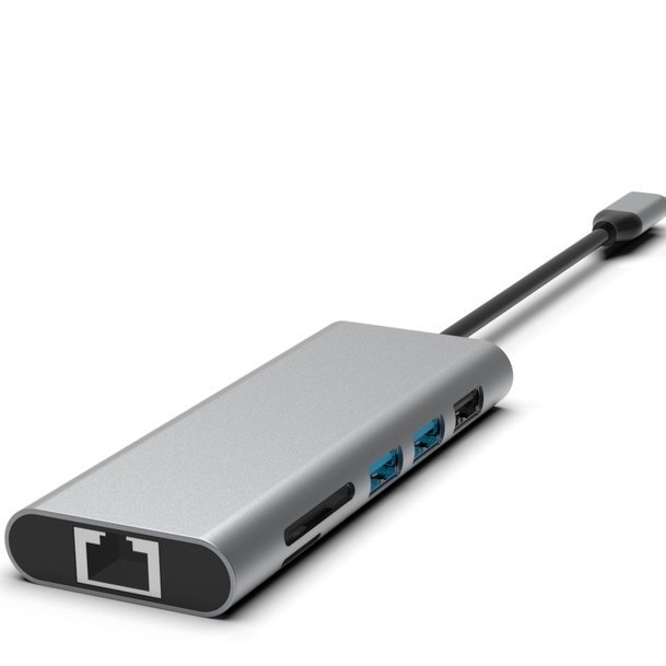 Silver 10-in-1 USB-C Hub dengan HDMI USB 3.0 Ethernet 3.5mm Audio Jack untuk PC dan laptop