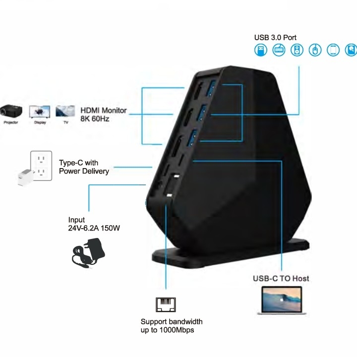 Stasiun Pengisian Desktop USB C Docking Station Gigabit Ethernet Koneksi Kabel Stabil Hingga 1Gbps