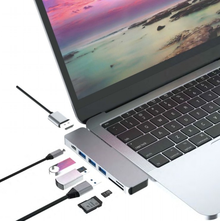 7 In 1 Dual Type C Hub USB C Docking Station Mendukung 4K HDMI Card Reader Untuk Mackbook Pro