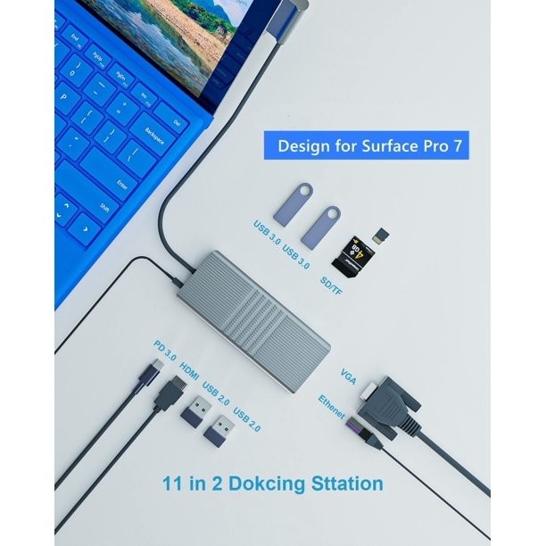 11 IN 2 USB C Hub PD 3.0 HDMI Teknologi Display Link Surface Pro 7 Hub Docking Station