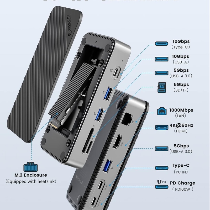 USB C Displaylink Docking Station dengan 10Gbps USB 3.2 Gen2 M.2 NVMe/SATA SSD Reader