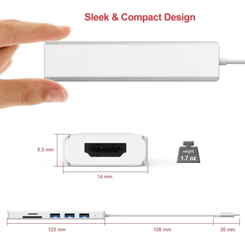 6 Port Usb-C Hub Splitter Usb-C Expander Adaptor Usb Portabel Hub Data Multiport