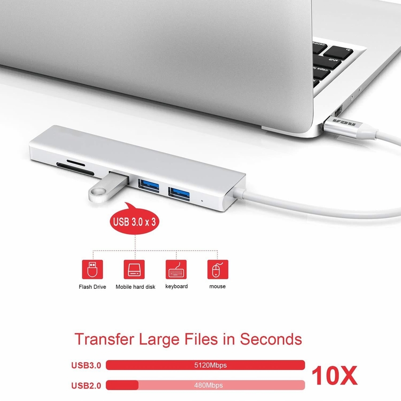 6 Port Usb-C Hub Splitter Usb-C Expander Adaptor Usb Portabel Hub Data Multiport