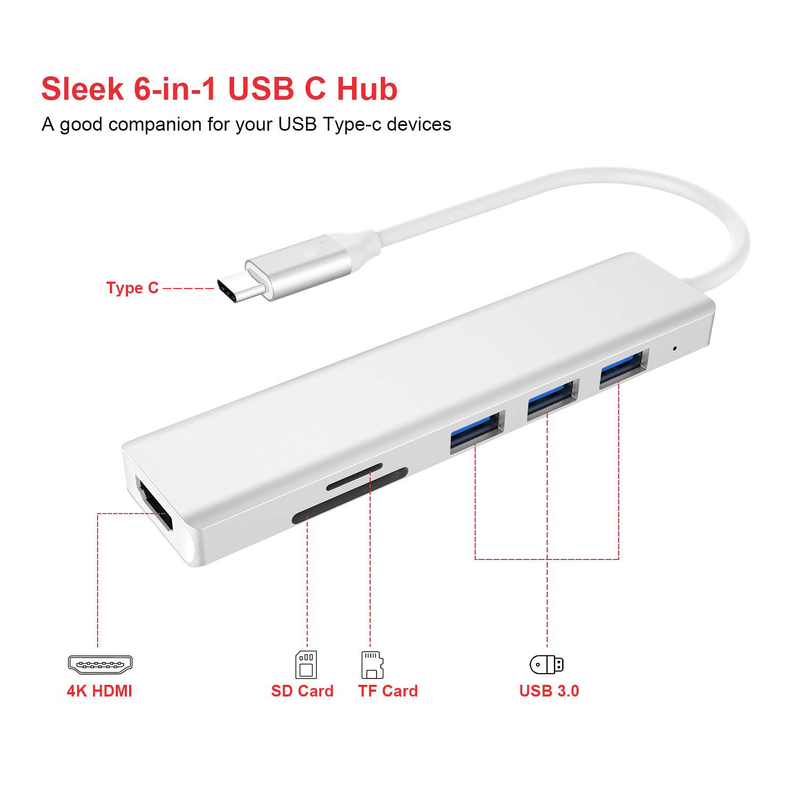 6 Port Usb-C Hub Splitter Usb-C Expander Adaptor Usb Portabel Hub Data Multiport