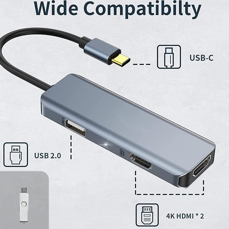 Dual HDMI USB C Dock Hub Aluminium USB C Adapter Monitor 3 In 1 Dongle Dengan 4K HDMI