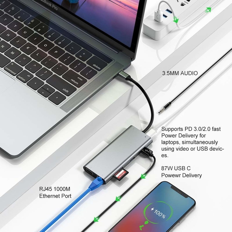 100 Watt USB C Adaptor Daya 5 In 1 USB 3.0 Hub TYPE C HDMI 4K 30Hz 5Gbps 100W PD Fast Charging