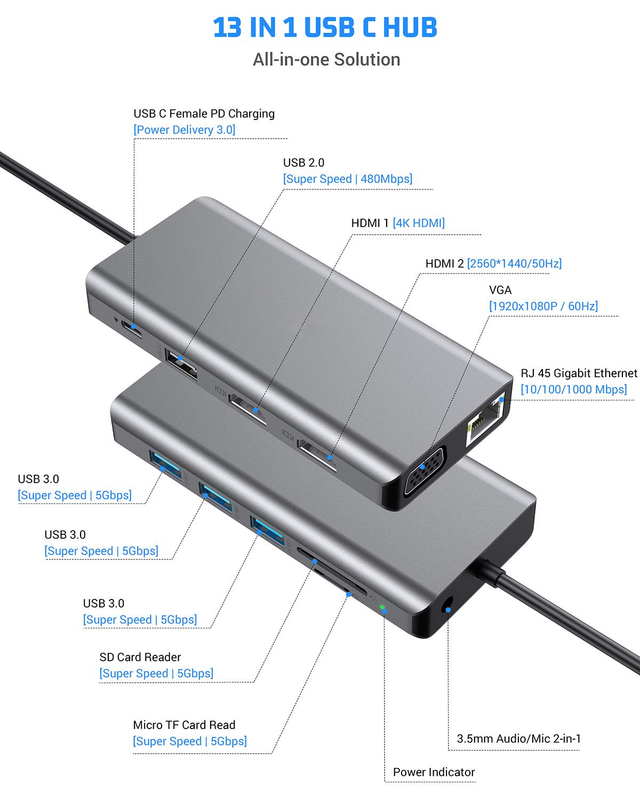USB C 11 In 1 Multiport Dock Type C Triple USB 3.0 TF Card Type-C Laptop USB-C