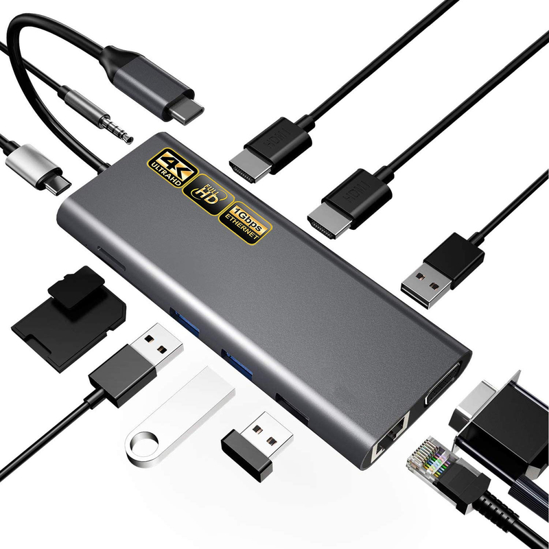 Adaptor USB C 13 dalam 1 4K HDMI Hub Tipe C ke HDMI 4K USB 3.0 2.0 PD Pengubah Pengisian