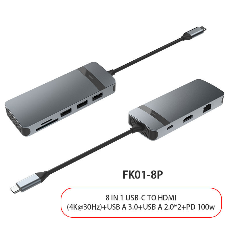 Dongle Adaptor Hub Usb C 8 In 1 4K HDMI VGA Tipe C PD USB3.0 RJ45 Ethernet SD/TF