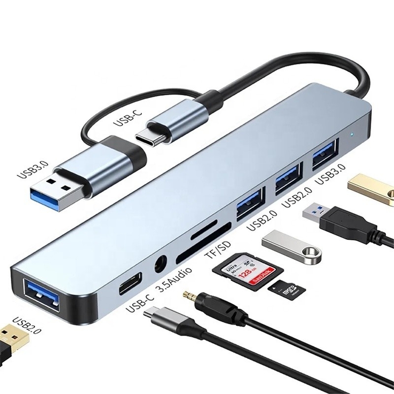 8-In-1 USB 3.0 Hub 3*USB 2.0 3.5mm Audio SD/TF Card Reader Output untuk Transfer Data dan Pengisian