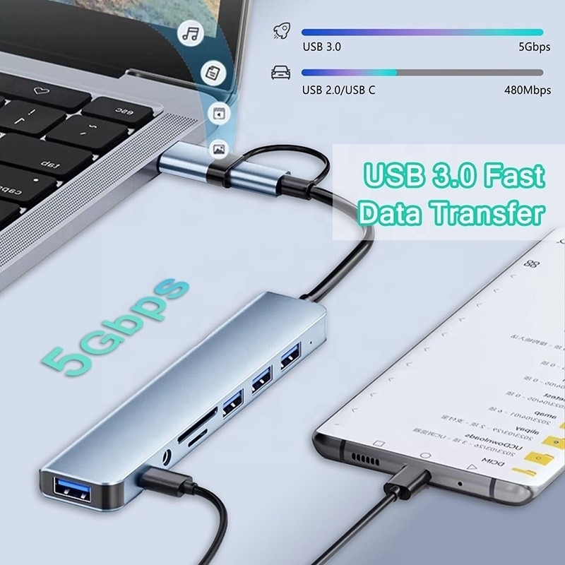 8-In-1 USB 3.0 Hub 3*USB 2.0 3.5mm Audio SD/TF Card Reader Output untuk Transfer Data dan Pengisian