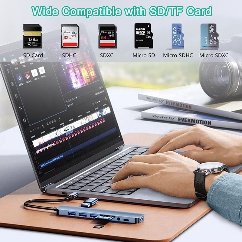 8-In-1 USB 3.0 Hub 3*USB 2.0 3.5mm Audio SD/TF Card Reader Output untuk Transfer Data dan Pengisian