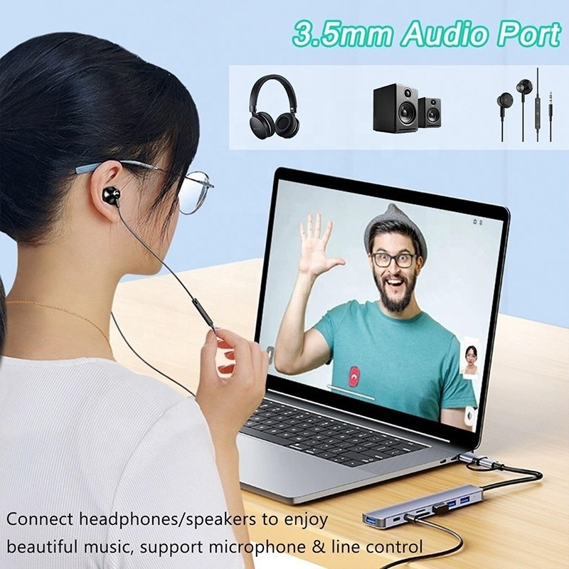 8-In-1 USB 3.0 Hub 3*USB 2.0 3.5mm Audio SD/TF Card Reader Output untuk Transfer Data dan Pengisian