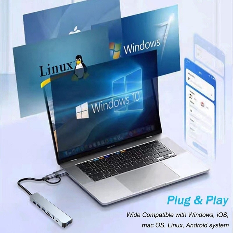 8-In-1 USB 3.0 Hub 3*USB 2.0 3.5mm Audio SD/TF Card Reader Output untuk Transfer Data dan Pengisian