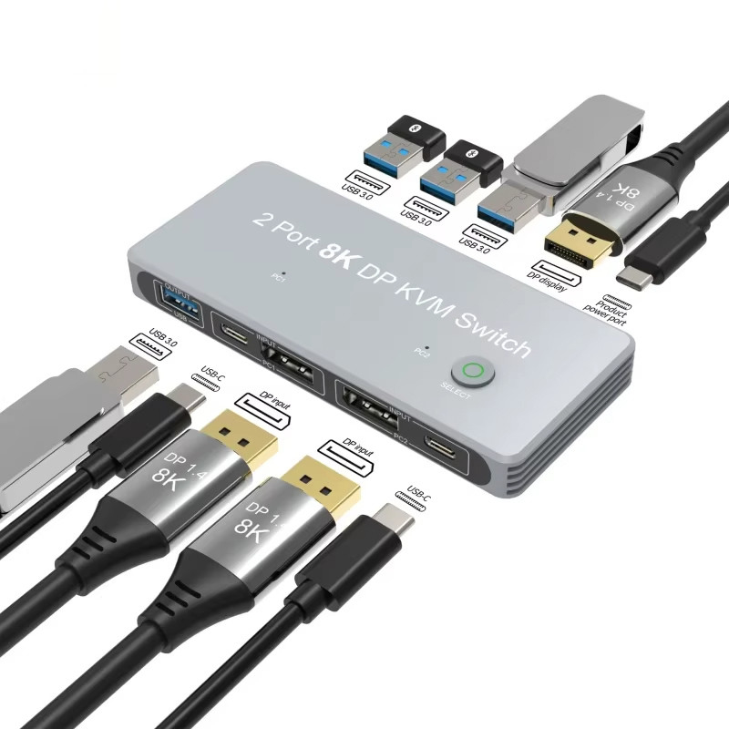 2-Port Displayport dan USB KVM Switch 4K 144Hz 8K 60Hz 1.4 dengan 1.4 DP USB Interface
