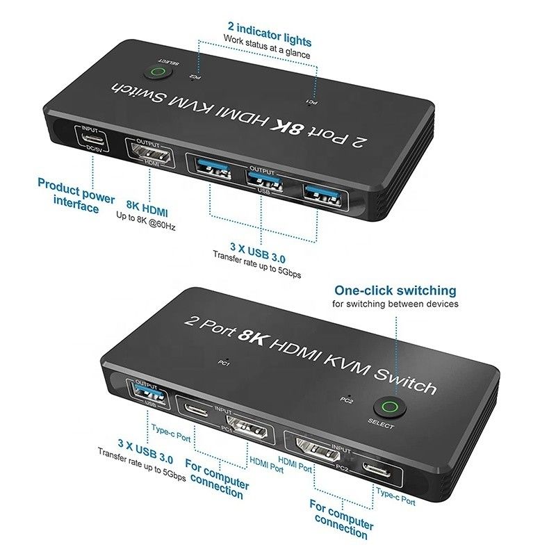 2 Port HDMI 2.1 KVM Switch dengan USB 3.0 2 Input 1 Output LED Indicators Wanita-Wanita