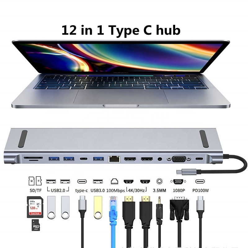 12 In 1 USB-C Type-C Docking Station untuk pengisian data transfer dan fungsi speaker