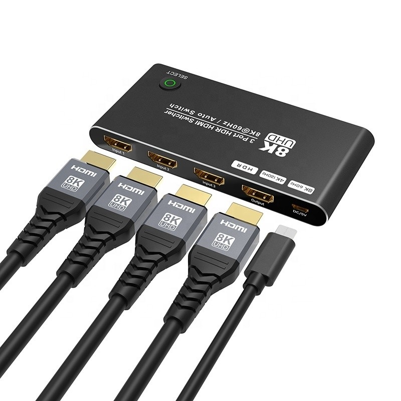 8K HDMI Switch 3 In 1 Out Dukungan 3 HDMI Input 8K 60Hz 4K 120Hz Teknologi lanjutan