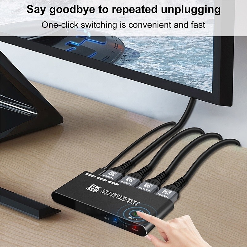 8K HDMI Switch 3 In 1 Out Dukungan 3 HDMI Input 8K 60Hz 4K 120Hz Teknologi lanjutan