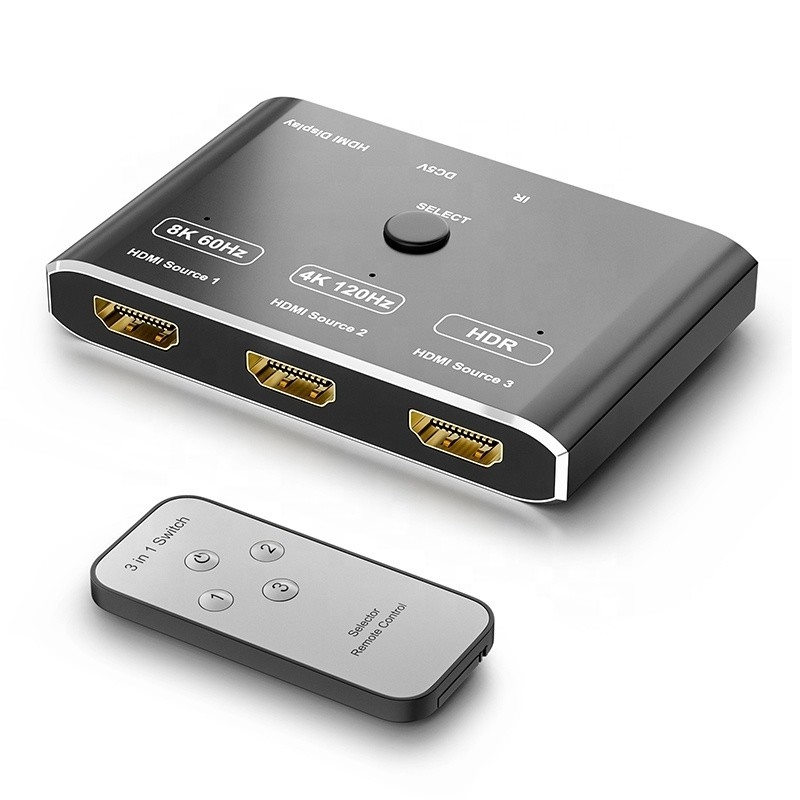 Pengalih Sakelar HDMI 3 Port HDR 8K 120Hz HDR 3 In 1 Konverter Jarak Jauh Steker Keluar