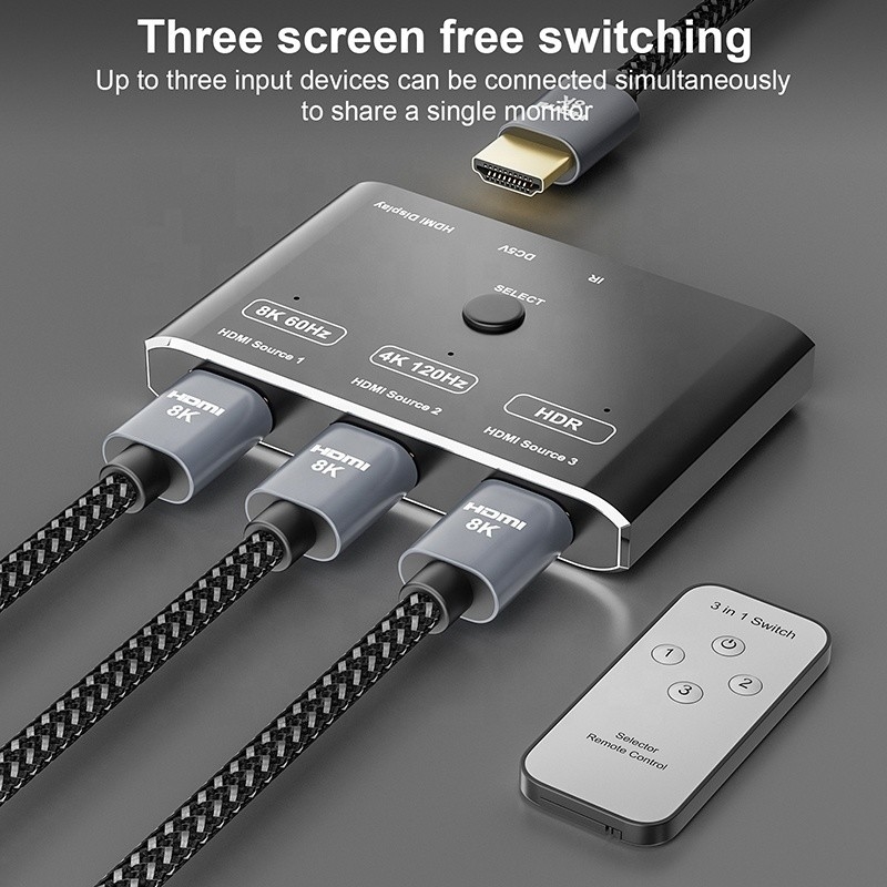 Pengalih Sakelar HDMI 3 Port HDR 8K 120Hz HDR 3 In 1 Konverter Jarak Jauh Steker Keluar