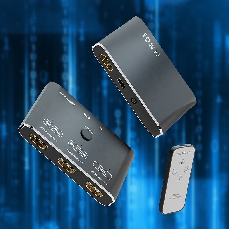 Pengalih Sakelar HDMI 3 Port HDR 8K 120Hz HDR 3 In 1 Konverter Jarak Jauh Steker Keluar