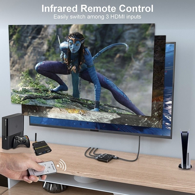 Pengalih Sakelar HDMI 3 Port HDR 8K 120Hz HDR 3 In 1 Konverter Jarak Jauh Steker Keluar