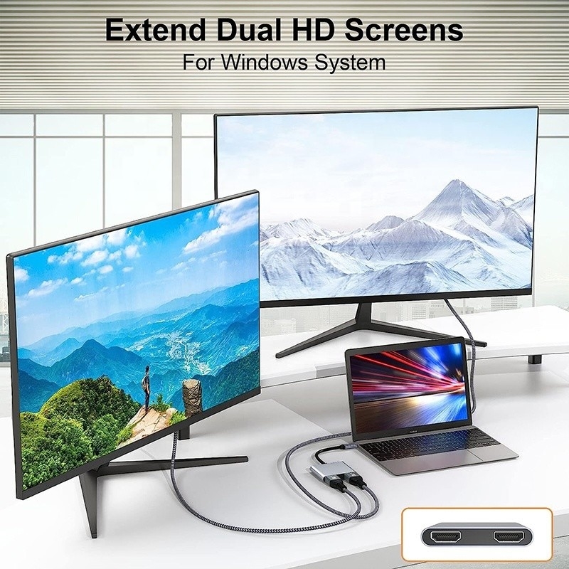Tipe C Pria ke Dual HDMI Wanita Thunderbolt 3 USB-C Multi-Monitor Adapter Kabel 4K 30Hz