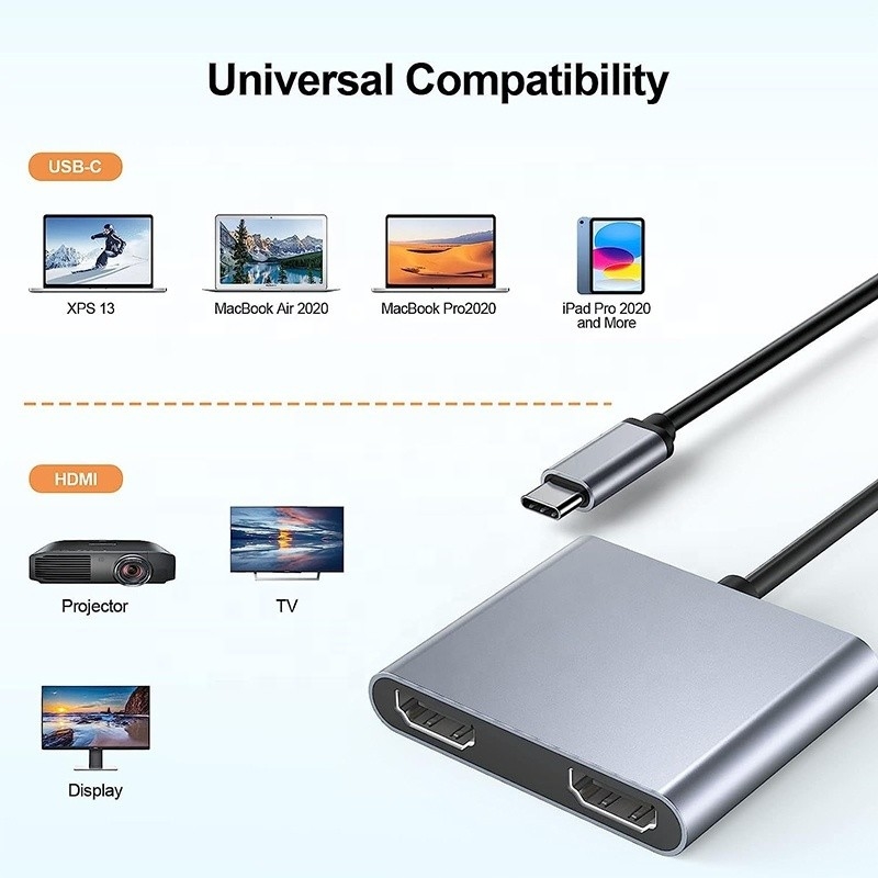 Tipe C Pria ke Dual HDMI Wanita Thunderbolt 3 USB-C Multi-Monitor Adapter Kabel 4K 30Hz