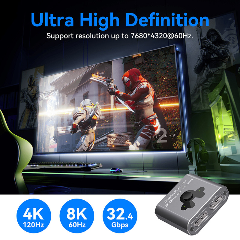 8K60Hz Display Port Switcher untuk operasi yang mudah dan DP 1.4 High-Performance Switching