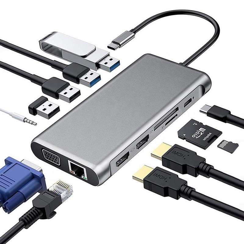 Stasiun Dok USB Tipe C 12-In-1 HDMI 1080P 60Hz 2*HDMI VGA RJ45 4*USB Audio SD/TF PD
