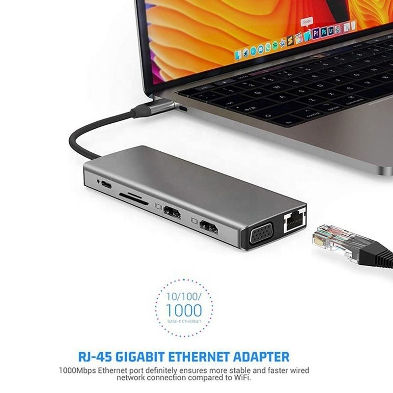 Stasiun Dok USB Tipe C 12-In-1 HDMI 1080P 60Hz 2*HDMI VGA RJ45 4*USB Audio SD/TF PD