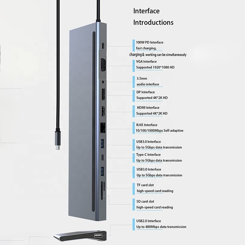 USB C Interface Multi-Function Type-C Dock Dengan SD TF Adapter OEM/ODM Dapat diterima