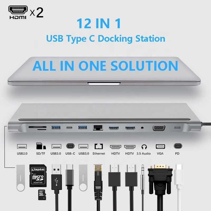 Konektivitas yang ditingkatkan 12 In 1 USB C Type-C Hub Multiport Dock Station Dengan Dual HDMI