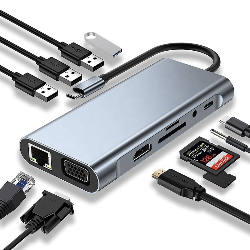 Multifungsi USB C Hub Dock dengan Gigabit RJ45 Ethernet TF SD Card Reader HDMI VGA USB 3.0