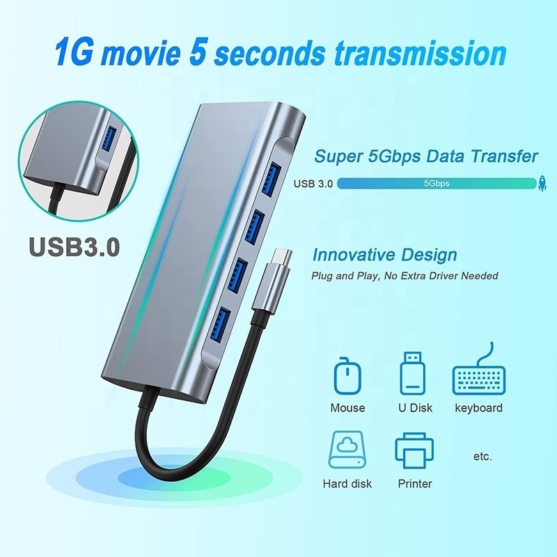 Multifungsi USB C Hub Dock dengan Gigabit RJ45 Ethernet TF SD Card Reader HDMI VGA USB 3.0