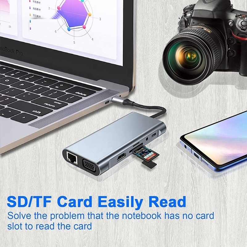 Multifungsi USB C Hub Dock dengan Gigabit RJ45 Ethernet TF SD Card Reader HDMI VGA USB 3.0