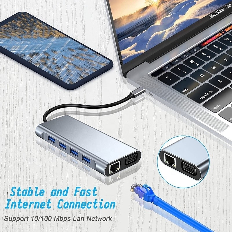 Multifungsi USB C Hub Dock dengan Gigabit RJ45 Ethernet TF SD Card Reader HDMI VGA USB 3.0
