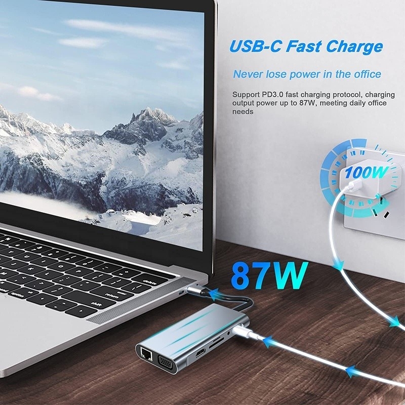 Multifungsi USB C Hub Dock dengan Gigabit RJ45 Ethernet TF SD Card Reader HDMI VGA USB 3.0