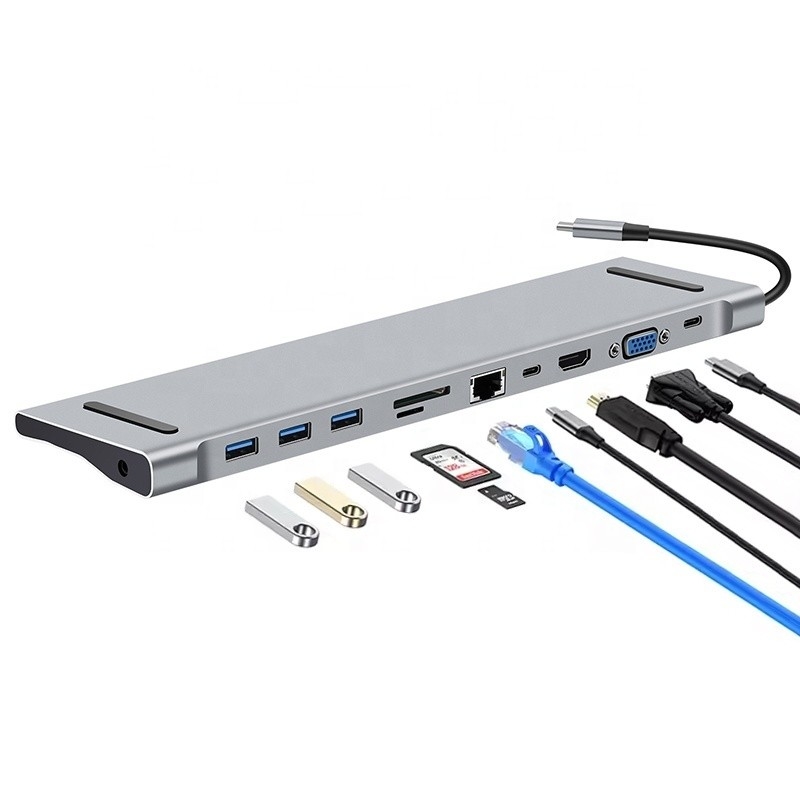 11 In 1 USB C Type C Docking Station dengan VGA Ethernet 3.5mm Audio TF/SD Card Reader