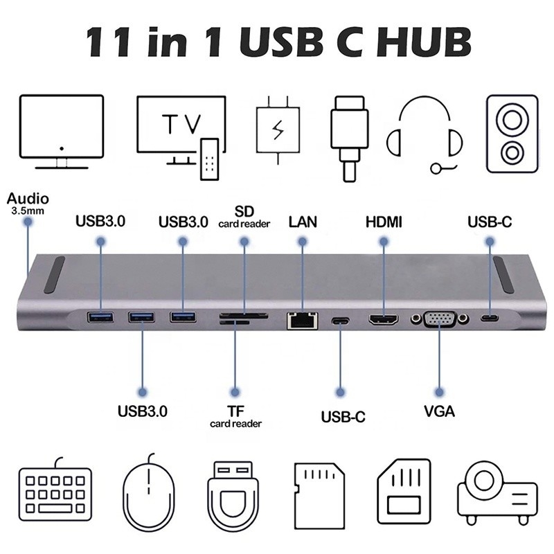 11 In 1 USB C Type C Docking Station dengan VGA Ethernet 3.5mm Audio TF/SD Card Reader