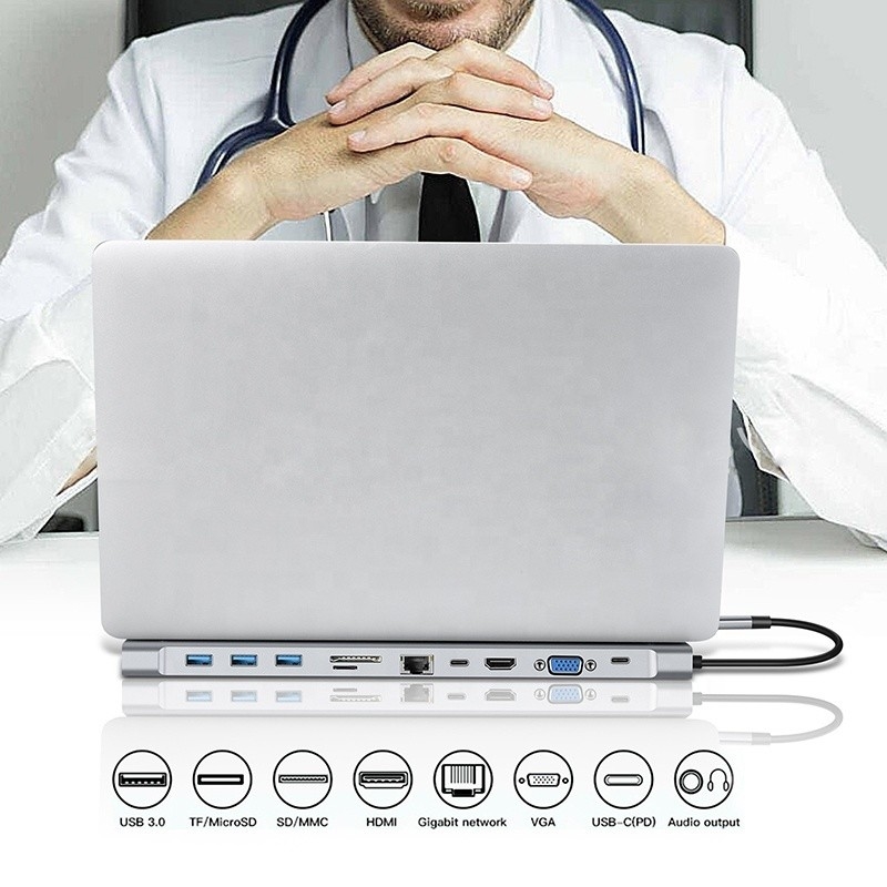 11 In 1 USB C Type C Docking Station dengan VGA Ethernet 3.5mm Audio TF/SD Card Reader